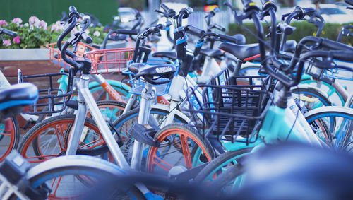 High angle view of bicycles at parking lot