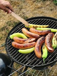 High angle view of meat on barbecue grill