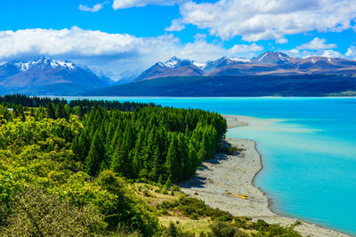 Scenic view of sea and mountains against sky