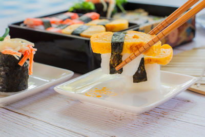 Close-up of food in plate on table