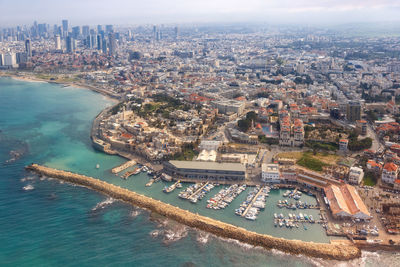 High angle view of city at waterfront