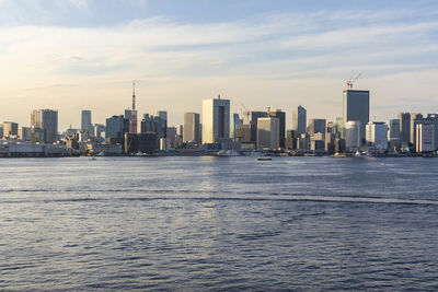 View of the tokyo bay during the day from the rainbow bridge in odaiba. landscape orientation.