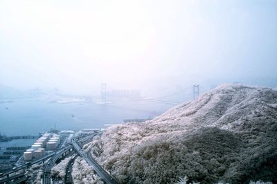 Suspension bridge in foggy weather