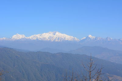 Scenic view of snowcapped mountains against clear blue sky