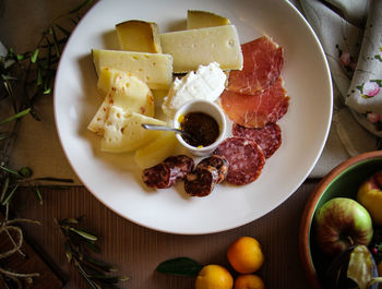 High angle view of breakfast served on table