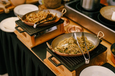 High angle view of food preparing in pan