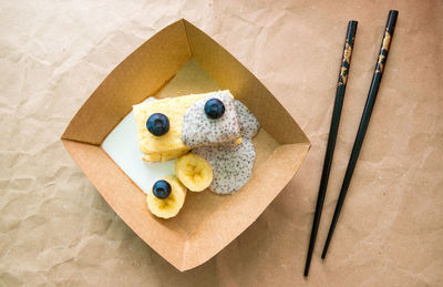 Castella japanese biscuit with blueberries and yogurt with chia seeds. a popular japanese dessert.