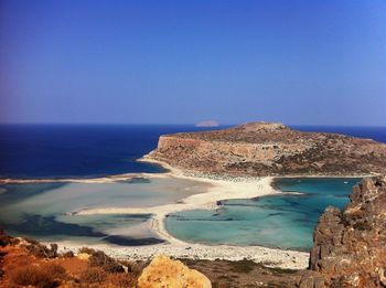 Scenic view of sea against clear blue sky