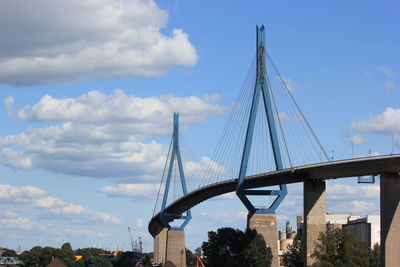 Low angle view of suspension bridge against sky