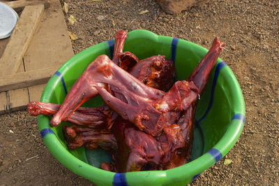 High angle view of meat in container