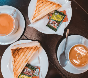 High angle view of breakfast served on table