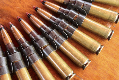 High angle view of bullets on table