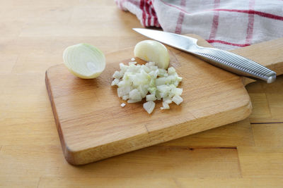 High angle view of chopped vegetables on cutting board