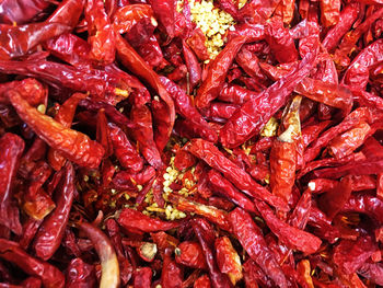 Dried red chillies peppers in the market.