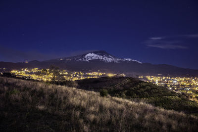 Aerial view of illuminated town against sky at night