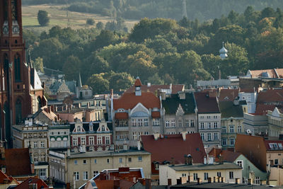 High angle view of buildings in town