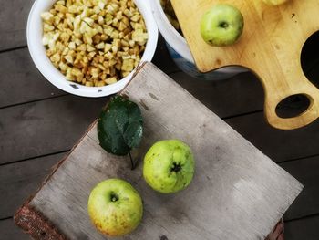 High angle view of fruits in bowl on table