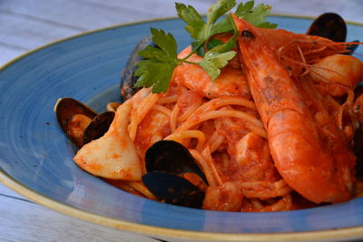 Close-up of seafood in plate on table