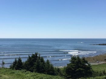 Scenic view of sea against clear blue sky