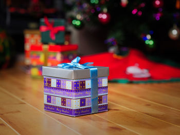 Close-up of christmas present on table