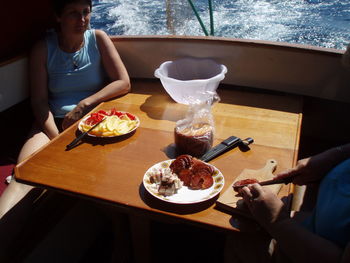 Close-up of food served on table