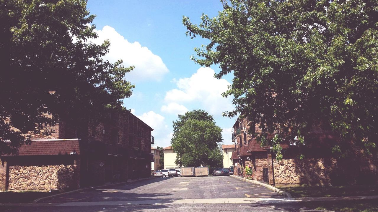 the way forward, tree, architecture, built structure, sky, diminishing perspective, vanishing point, footpath, walkway, pathway, narrow, residential structure, day, outdoors, residential building, blue, growth, cloud, alley, long, empty, nature, cloud - sky, no people, green color