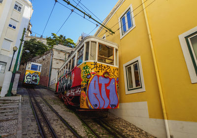 Graffiti on railroad tracks amidst buildings in city