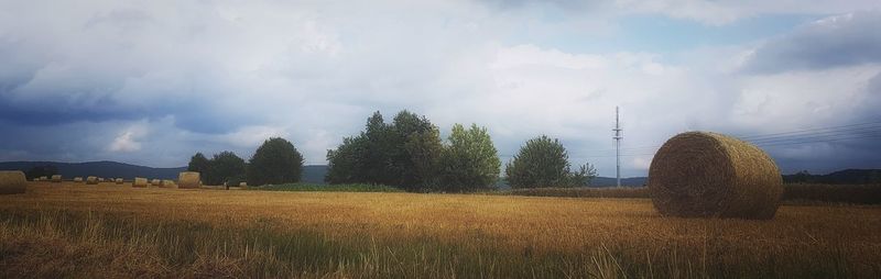 Panoramic shot of hay bales on field against sky