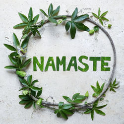 Close-up of text word namaste made with green plants on stone table