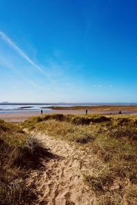 Scenic view of beach against blue sky