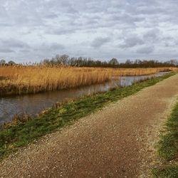 Scenic view of lake by field against sky