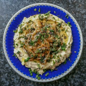 High angle view of served food in plate