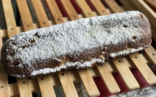 High angle view of ice cream on wood