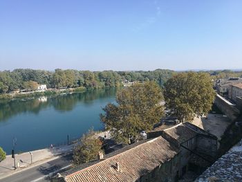 High angle view of trees against clear blue sky