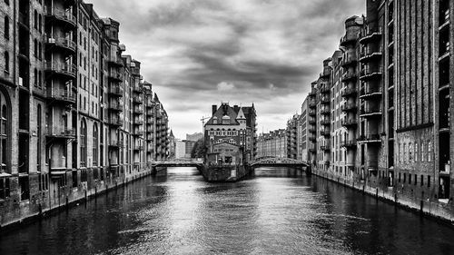 View of canal and buildings against cloudy sky