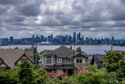 Buildings in city against cloudy sky