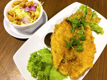 High angle view of food in plate on table