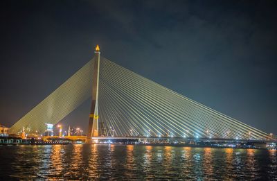 Illuminated bridge over river against sky at night