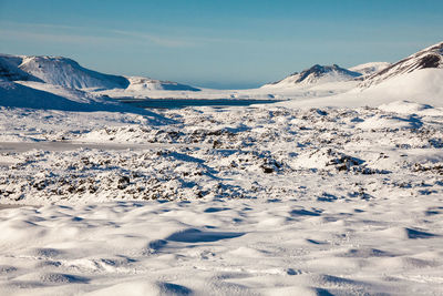 Scenic view of snow covered mountains against sky