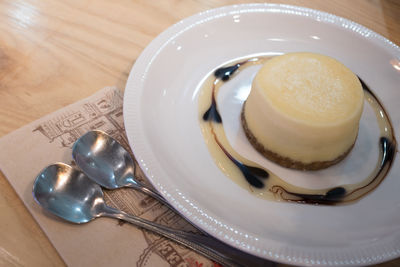 High angle view of cake in plate on table