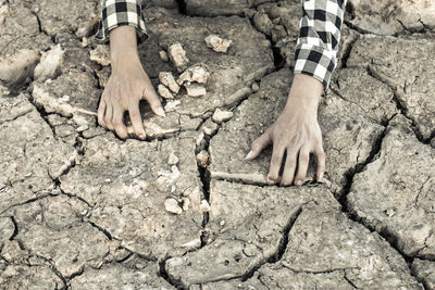 Cropped hands of woman holding barren field