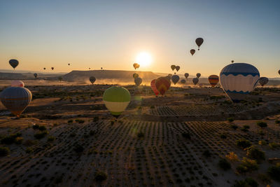 View of hot air balloon at sunset