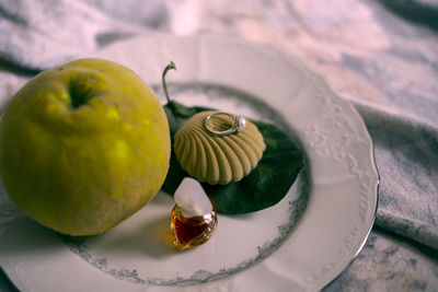 High angle view of dessert in plate on table