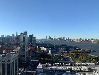 High angle view of buildings against clear blue sky