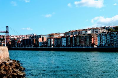 River by buildings in city against sky