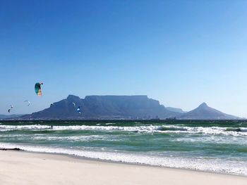 Scenic view of beach against clear blue sky