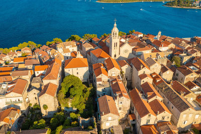 High angle view of buildings in town