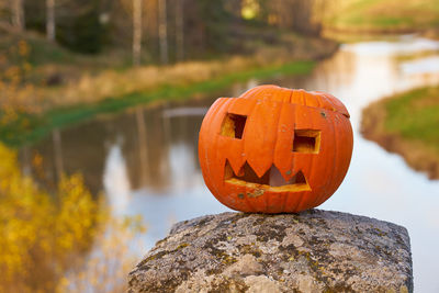 Halloween carved pumpkin with blurred landscape on the background.