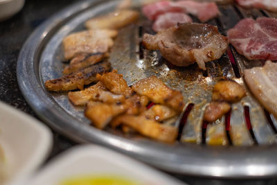 High angle view of meat in cooking pan