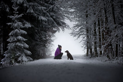 Woman with dog playing in snow 